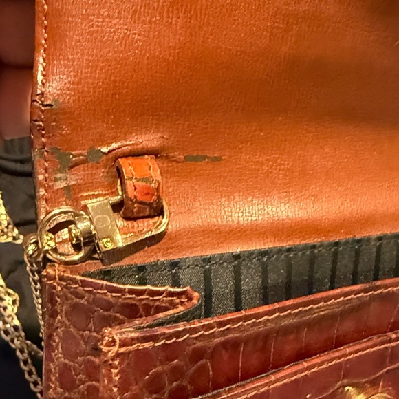 Vintage Liz Claiborne Brown Croc print Leather purse w/gold detachable Chain - Picture 7 of 16